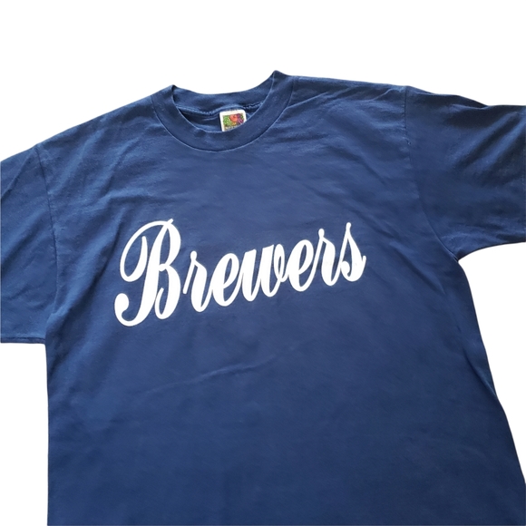 Brewers Jersey Shirt Baseball Fruit of the Loom Large Navy Blue Short Sleeve - Picture 2 of 6